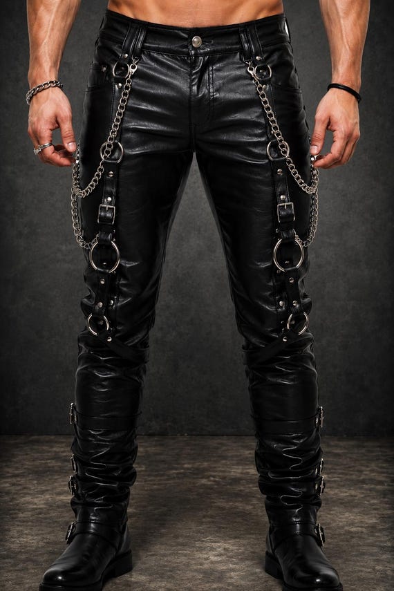 Men's Gothic Leather Pants with Chains O Rings and Buckle Straps, Punk Biker Trousers, Alternative Streetwear Fashion