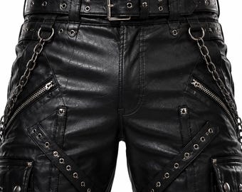 Men's Black Gothic Leather Cargo Pants | Punk Biker Techwear Straps