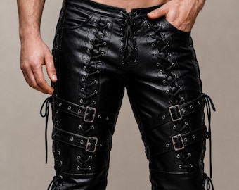 Pantalones de cuero negro para hombre estilo gótico motero, pantalones de cuero ajustados con cordones y correas, pantalones de moda punk hechos a mano