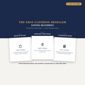 Op de afbeelding: Een digitaal product getiteld "The eBay Clothing Reseller Listing Blueprint". De afbeelding toont drie bestanden: een Master AI Prompt, een Quick-Start Cheat Sheet en een Full Blueprint Guide. Het product is een AI-aangedreven listingsysteem voor direct digitale download.