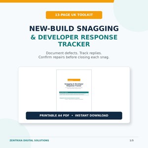 May include: A 13-page UK toolkit titled New-Build Snagging & Developer Response Tracker. The document includes sections to document defects, track replies, and confirm repairs. It is formatted as a printable A4 PDF for instant download.