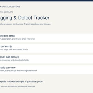 May include: A digital Excel template titled Zentrixa Digital Solutions Snagging & Defect Tracker. It features sections for 300 defect records, clear ownership, inspection and closure, and automatic overview. Includes a blank template, worked example, and quick-start guide for Excel 2021 and Microsoft 365.