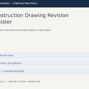 May include: A digital Construction Drawing Revision Register template by ZENTRIXASTUDIO. The document features text including Construction Drawing Revision Register, 200 record rows, automatic calculations, and blank plus worked example.