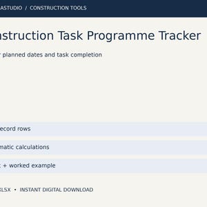 May include: A digital Construction Task Programme Tracker spreadsheet template by ZENTRIXASTUDIO. Features include 200 record rows, automatic calculations, and both blank and worked examples in an Excel .XLSX format for digital download.