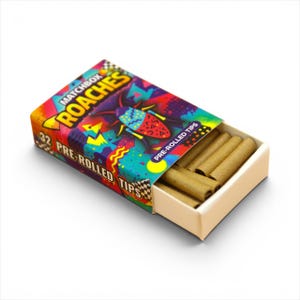 May include: A brightly coloured box of pre-rolled tips, labelled "MATCHBOX ROACHES" and "32 PRE-ROLLED TIPS". The box features a bug graphic and is open, displaying several brown, pre-rolled tips. The box is on a white background.
