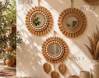 Boho Macrame Round Mirror, Handwoven Cotton Wall Hanging, Scandinavian Farmhouse Decor