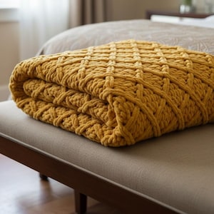 May include: A folded mustard yellow knitted blanket with a textured, woven pattern. The blanket is resting on a neutral-toned bench with a dark wooden frame. The blanket appears soft and cosy, suitable for a bedroom setting.