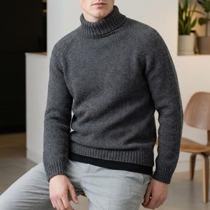 Puede incluir: Un jersey de cuello alto gris antracita con puños y dobladillo acanalados. El jersey está hecho de un material de punto grueso y tiene un diseño clásico y atemporal. El modelo lleva pantalones grises y una camiseta interior negra.