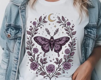 Camiseta Polilla Celestial, Camiseta Floral Whimsigoth, Camiseta Luna Gótica, Camiseta Cottagecore Oscura, Camiseta Gótica Polilla Lunar, Regalo de Naturaleza Bruja