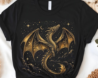 Celestial Dragon Shirt, Gold Fantasy T-Shirt, Mystic Dragon Sweatshirt, Moon Star Dragon Tee, Witchcore Gothic Clothing, Magic Creature Gift