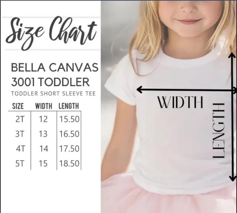 Puede incluir: Una tabla de tallas para camiseta de manga corta para ni&ntilde;os peque&ntilde;os Bella Canvas 3001. La tabla enumera las tallas 2T, 3T, 4T y 5T con anchos de 12, 13, 14 y 15 y largos de 15.50, 16.50, 17.50 y 18.50 pulgadas respectivamente.