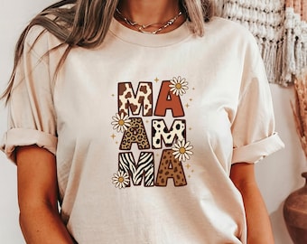 Boho Safari MAMA,Animal Print Daisy MAMA,Retro "Wild Mama" Typography,Floral Animal Print MAMA,Boho Safari