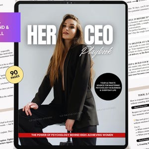 May include: A digital tablet displays the cover of a book titled "HER CEO Playbook." The cover features a woman in a black blazer and pants. Text includes "USE, REBRAND & RESELL" and "90 PAGES."