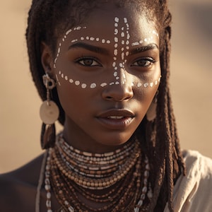 Puede incluir: Retrato de una persona de piel oscura, adornada con pintura facial blanca en un patrón geométrico. Lleva múltiples hilos de collares de cuentas y pendientes grandes. Su cabello está peinado con largas trenzas. El fondo es borroso y de tonos cálidos.