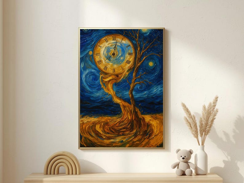 Melting Clock Wall Art – Surreal Starry Night Style Time Painting ...