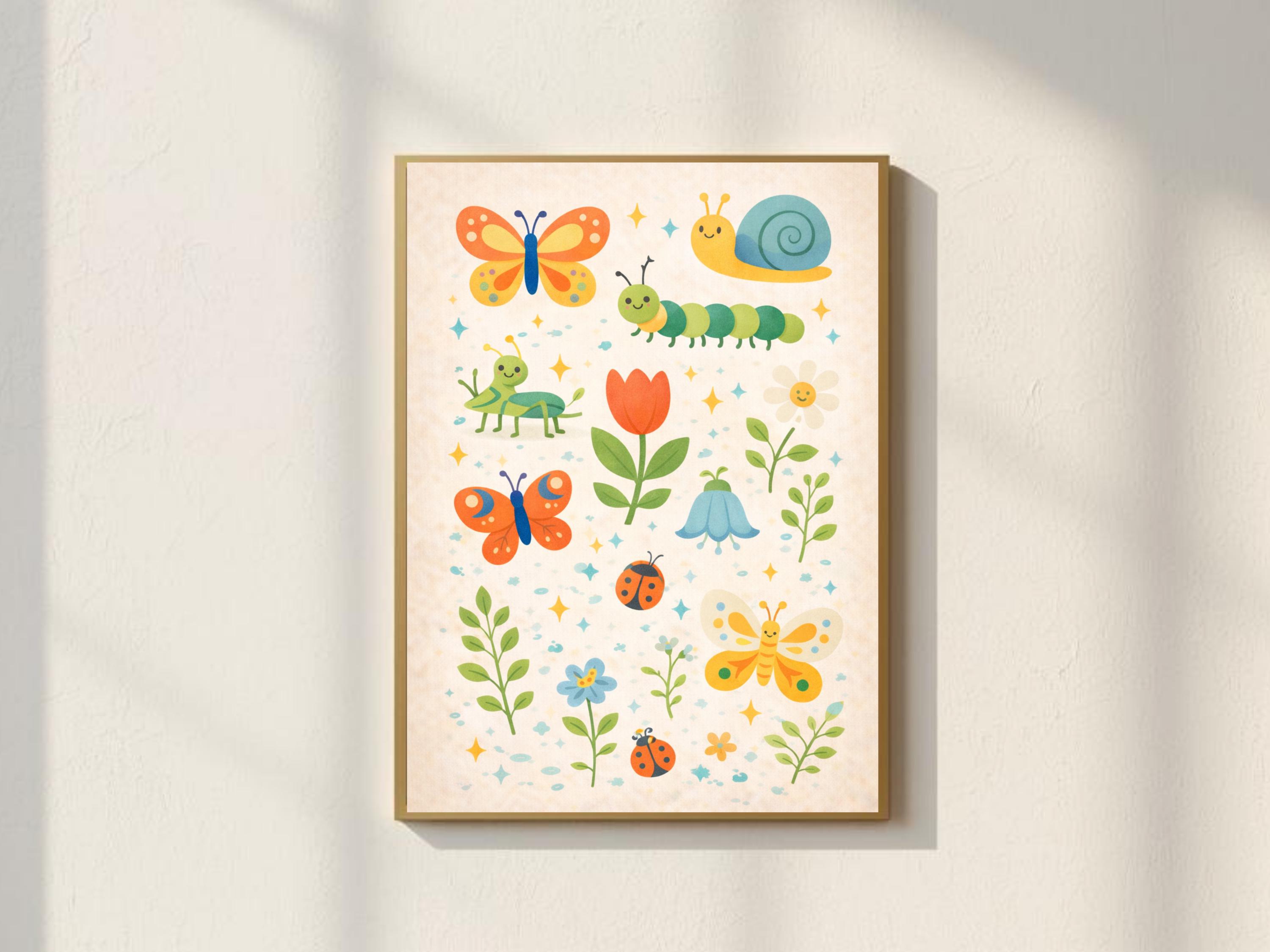 Cute Garden Bugs Wall Art – Whimsical Butterfly Snail & Ladybug Floral ...