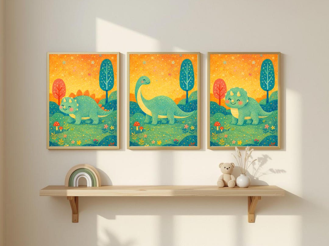 Cute Dinosaur Nursery Wall Art Set of 3 – Bright Retro Storybook Dinos ...