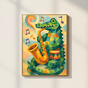 Puede incluir: Una impresión artística enmarcada con un caimán geométrico tocando el saxofón. El caimán es verde, naranja y amarillo, con notas musicales flotando alrededor. La obra de arte tiene un estilo vintage y colorido, ideal para amantes de la música o animales.