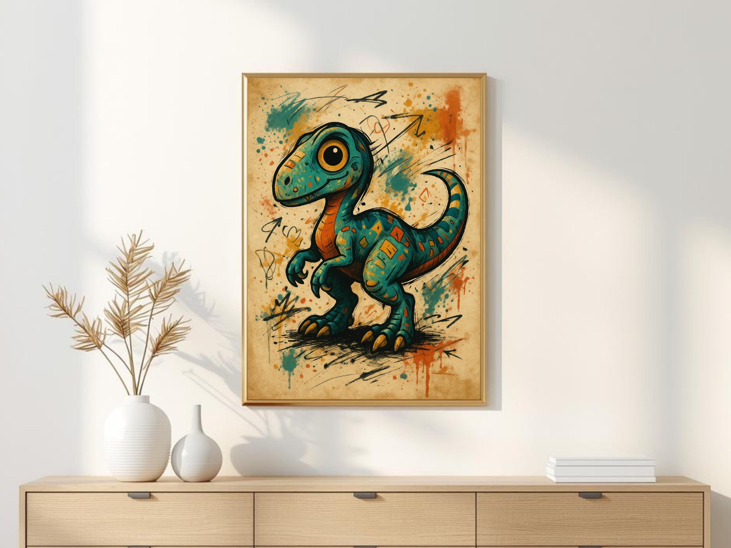 Graffiti Raptor Cute Raptor Dinosaur Wall Art – Cute Graffiti Baby Velociraptor Print | Kids ...