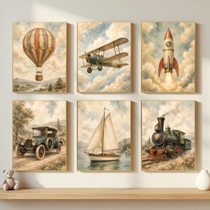 May include: A collection of six framed prints with a vintage transport theme. The set includes a hot air balloon, biplane, rocket, antique car, sailboat, and a steam train. Each print is in a gold frame with a watercolour style.