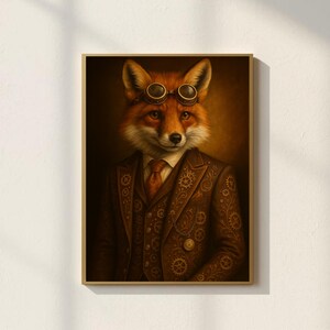 Könnte beinhalten: Gerahmtes Porträt eines Fuchses im Steampunk-Stil. Der Fuchs trägt einen braunen Anzug mit zahnradartigen Designs, eine Krawatte und eine Brille. Das Kunstwerk hat eine Vintage-Ästhetik in Sepia-Tönen.