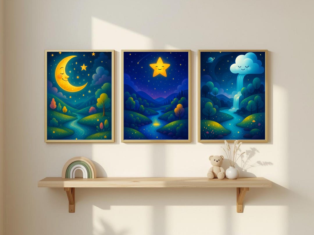 Dreamy Night Sky Nursery Wall Art Set of 3 – Sleepy Cloud Moon & Star ...