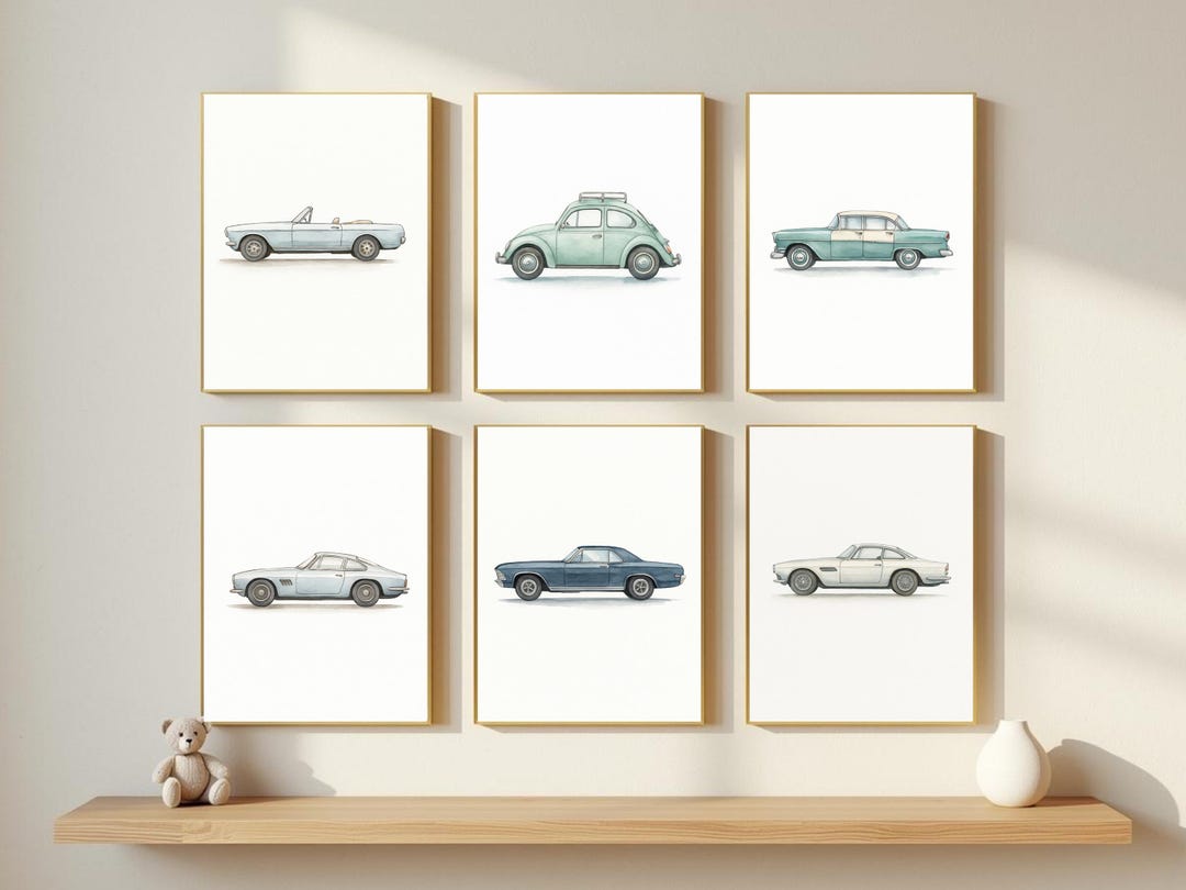 Cars Collection Print Vintage Car Prints Set of 6 – Classic Auto Watercolor Collection (retro ...