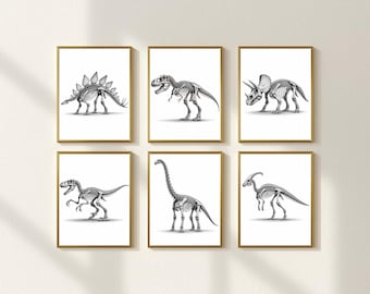 Minimal Dinosaur Skeleton Set Of 6 – Black & White Prehistoric Bone Wall Art | Digital Download Multi-Size