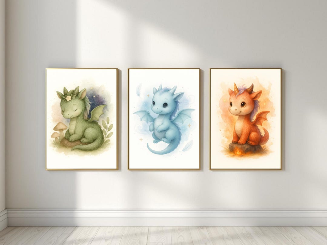 Baby Dragon Nursery Wall Art Set of 3 – Watercolor Fantasy Prints (blue ...