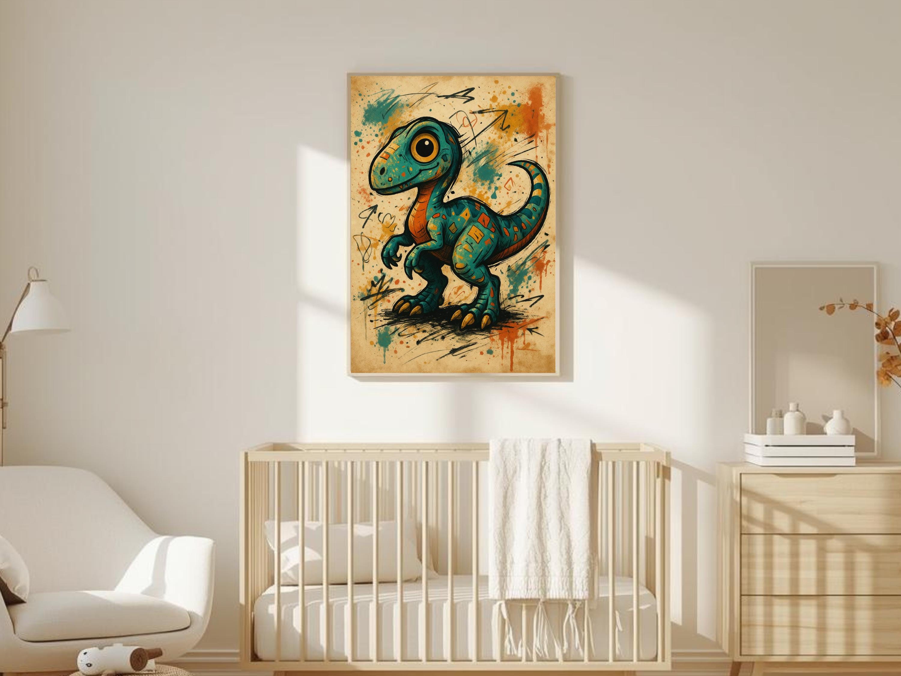Graffiti Raptor Cute Raptor Dinosaur Wall Art – Cute Graffiti Baby Velociraptor Print | Kids ...