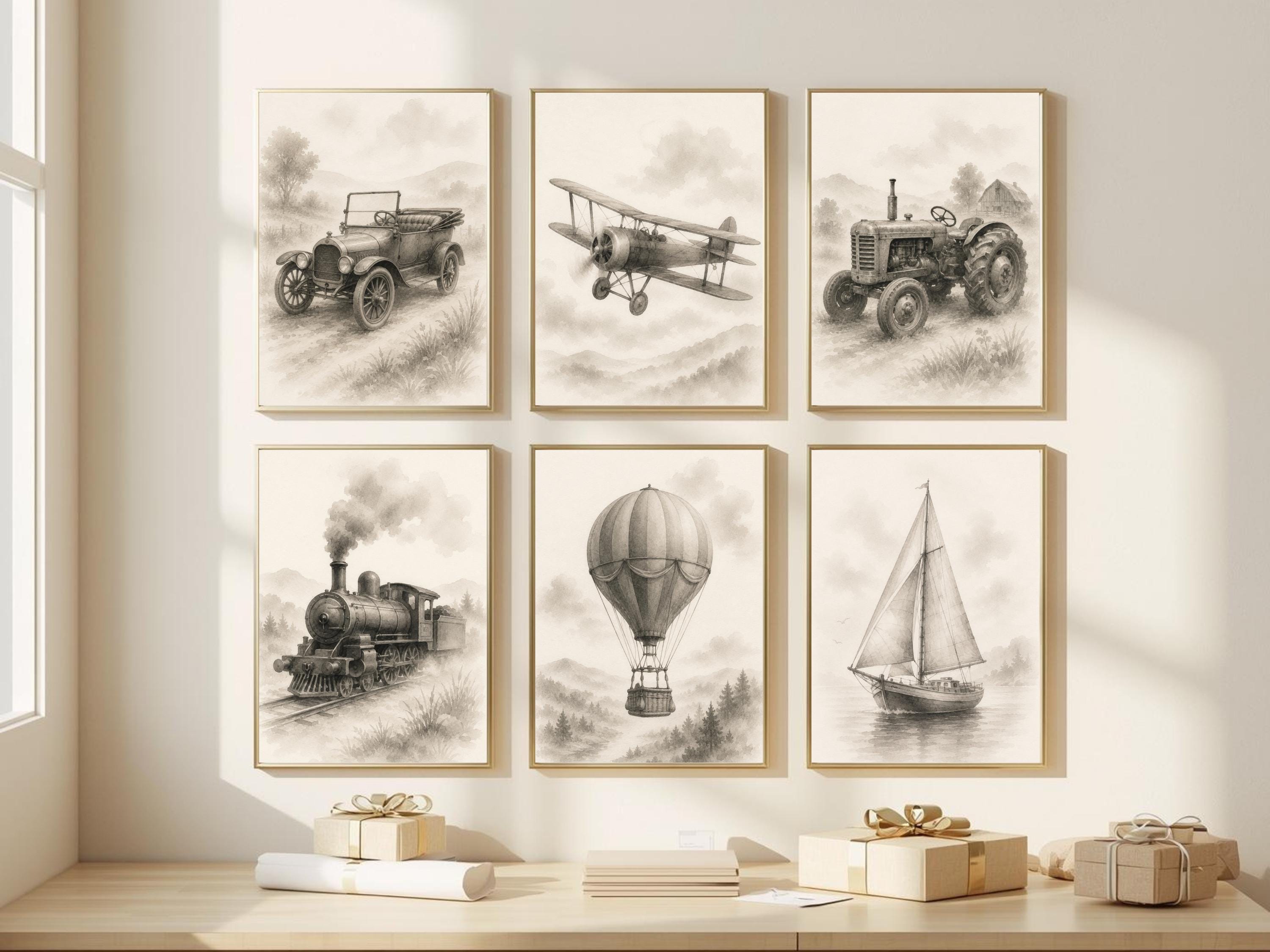 Transporting Art Vintage Transport Wall Art Set of 6 – Sepia Watercolor Train, Plane ...