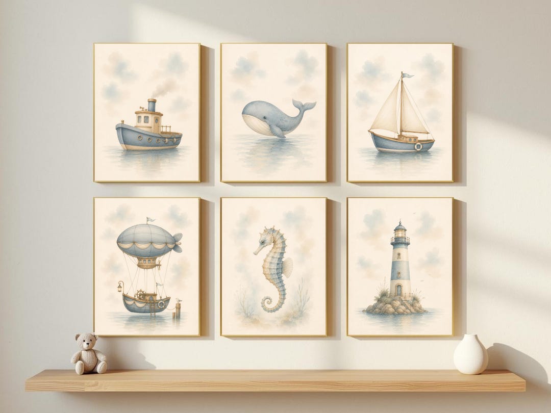 Coastal Nursery Wall Art Set of 6 – Watercolor Ocean Adventure Prints ...