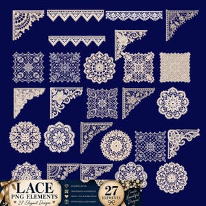 Può includere: Una collezione di 27 elementi digitali in pizzo color bianco sporco con vari disegni quadrati, circolari e angolari con intricati motivi floreali e geometrici. Il set include bordi e motivi visualizzati su uno sfondo blu scuro.