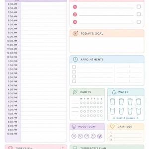 May include: A daily planner page featuring sections for schedule, top 3 priorities, goals, appointments, habits, water intake, mood, gratitude, and notes. The layout includes pastel-colored boxes and icons for organization and daily tracking.