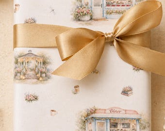 Papel de regalo con diseño de restaurante acogedor / Papel de regalo vintage de pueblo pequeño (rollo de 2,18 m)