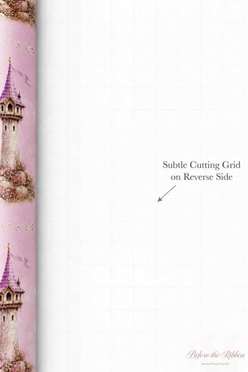 Puede incluir: Un rollo de papel de regalo con un patr&oacute;n repetitivo de torres de piedra clara con techos c&oacute;nicos morados sobre un fondo rosa suave. El reverso del papel muestra una cuadr&iacute;cula blanca con el texto Subtle Cutting Grid on Reverse Side.