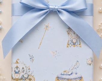 Papel de regalo de cuento de hadas con zapatilla de cristal / Papel de regalo de princesa y carroza encantada (rollo de 2,18 m)