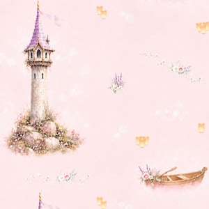 Puede incluir: Un patr&oacute;n repetitivo sobre un fondo rosa claro que presenta una torre de piedra con techo morado, un bote de remos de madera lleno de flores y linternas amarillas flotantes. El dise&ntilde;o incluye peque&ntilde;os grupos florales y el texto Before the Ribbon.