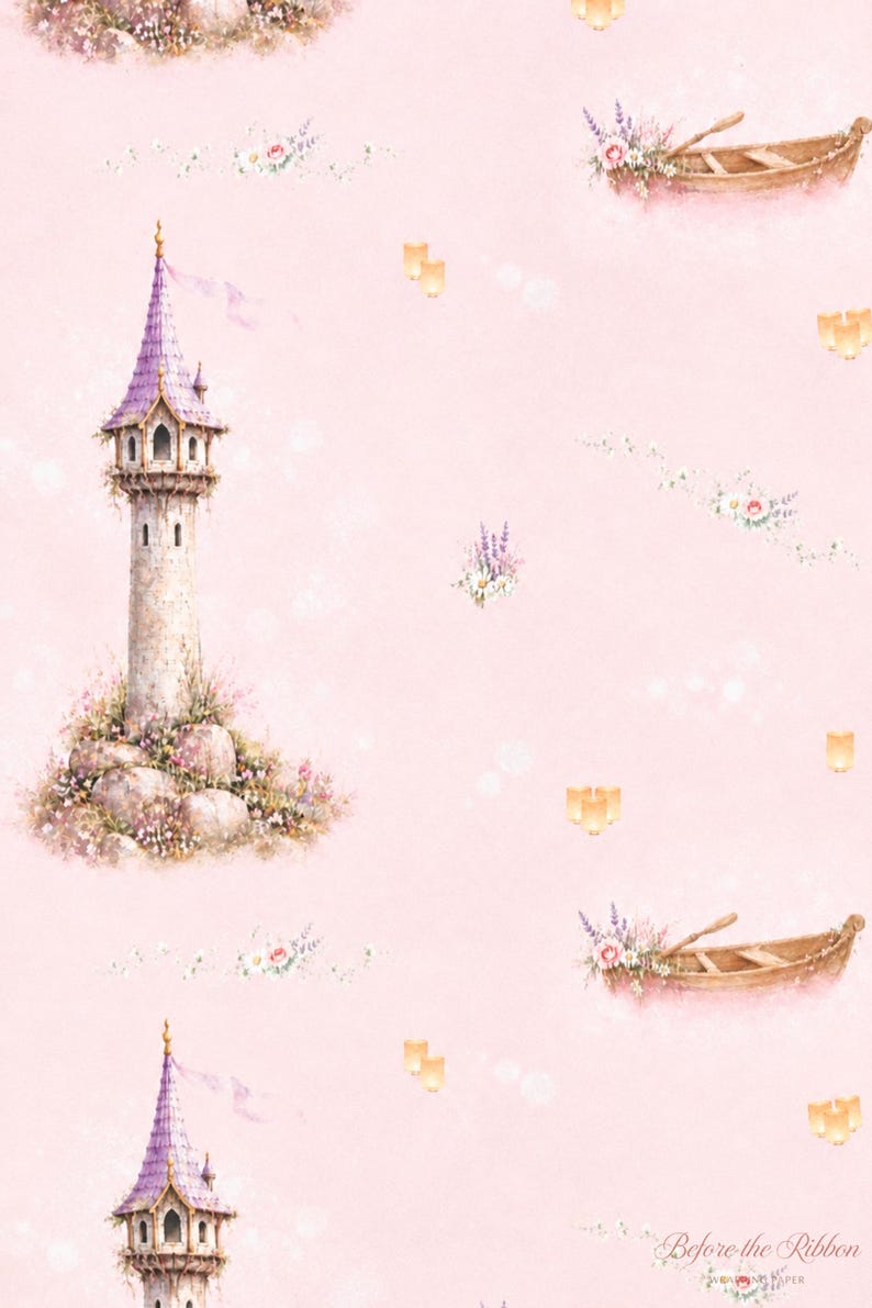 Puede incluir: Un patr&oacute;n repetitivo sobre un fondo rosa claro que presenta una torre de piedra con techo morado, un bote de remos de madera lleno de flores y linternas amarillas flotantes. El dise&ntilde;o incluye peque&ntilde;os grupos florales y el texto Before the Ribbon.