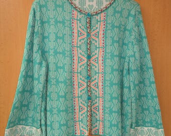 IVKO Serbien vtg geometrisch 3/4 Ärmel Aqua Strickjacke Größe XL