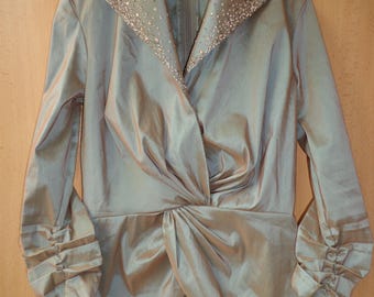 Top/giacca vintage Tadashi Shoji color bronzo metallizzato scintillante con cerniera posteriore