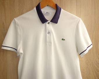 Polo vintage Lacoste Devalay bianca con colletto blu, taglia 3