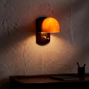 Retro Sunset Dome Wall Sconce, Orange Glass Shade Vintage Wall Light, Brass Knob Bedroom Sconce, Mid Century Warm Ambient Wall Lamp