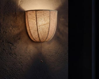 Minimalist Linen Wall Sconce, Japandi Fabric Wall Light, Natural Beige Pleated Uplight, Pull Chain Wall Lamp