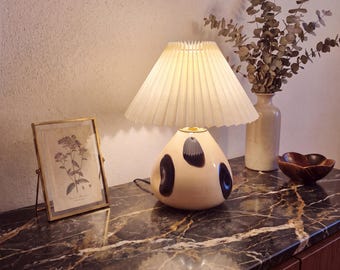 Spotted Panda Ceramic Table Lamp, Pleated Shade Bedside Light, Retro Organic Decor, Cream Black Bedroom Lamp, Bold Living Room Lighting