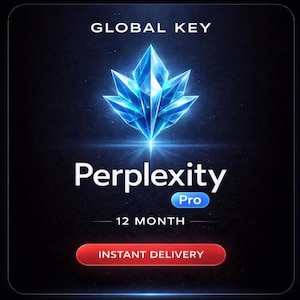 Könnte beinhalten: Digitalgrafik mit dem Text "GLOBAL KEY" oben. Darunter ein blaues Kristall-Design, das Wort "Perplexity" in Weiß und "Pro" in einem blauen Kreis. Der Text "12 MONTH" und "INSTANT DELIVERY" sind ebenfalls vorhanden.