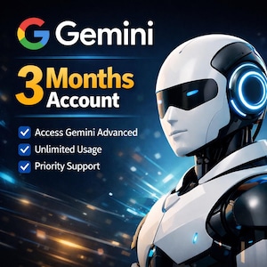Op de afbeelding: Promotionele afbeelding voor Gemini, met een futuristische robot en de tekst "3 Maanden Account". De afbeelding benadrukt functies zoals "Toegang tot Gemini Advanced", "Onbeperkt Gebruik" en "Prioritaire Ondersteuning". Het Google-logo is zichtbaar linksboven.