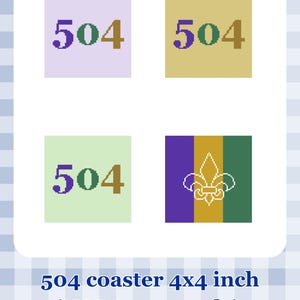 May include: Four square coasters with the number "504" in purple and gold. One coaster features a fleur-de-lis symbol. The coasters are 4x4 inches.