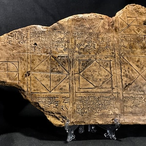 May include: A weathered, rectangular tablet with ancient cuneiform script and geometric designs. The tan-colored tablet features a grid-like pattern with squares, diamonds, and a circle. The surface shows signs of age and wear, suggesting its historical significance.