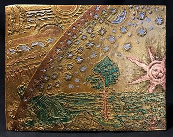 Où le ciel rencontre la Terre gravure en relief d'une gravure sur bois médiévale cosmique